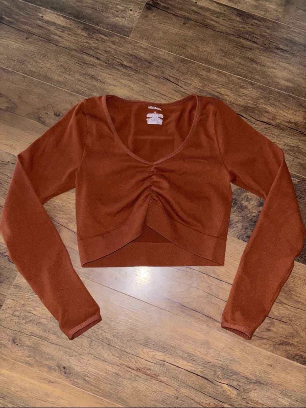 wild fable Rust Ruched V-Neck Long Sleeve Crop Top